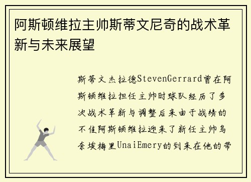 阿斯顿维拉主帅斯蒂文尼奇的战术革新与未来展望