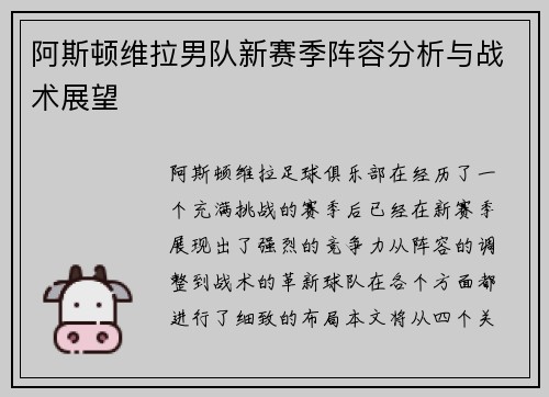 阿斯顿维拉男队新赛季阵容分析与战术展望